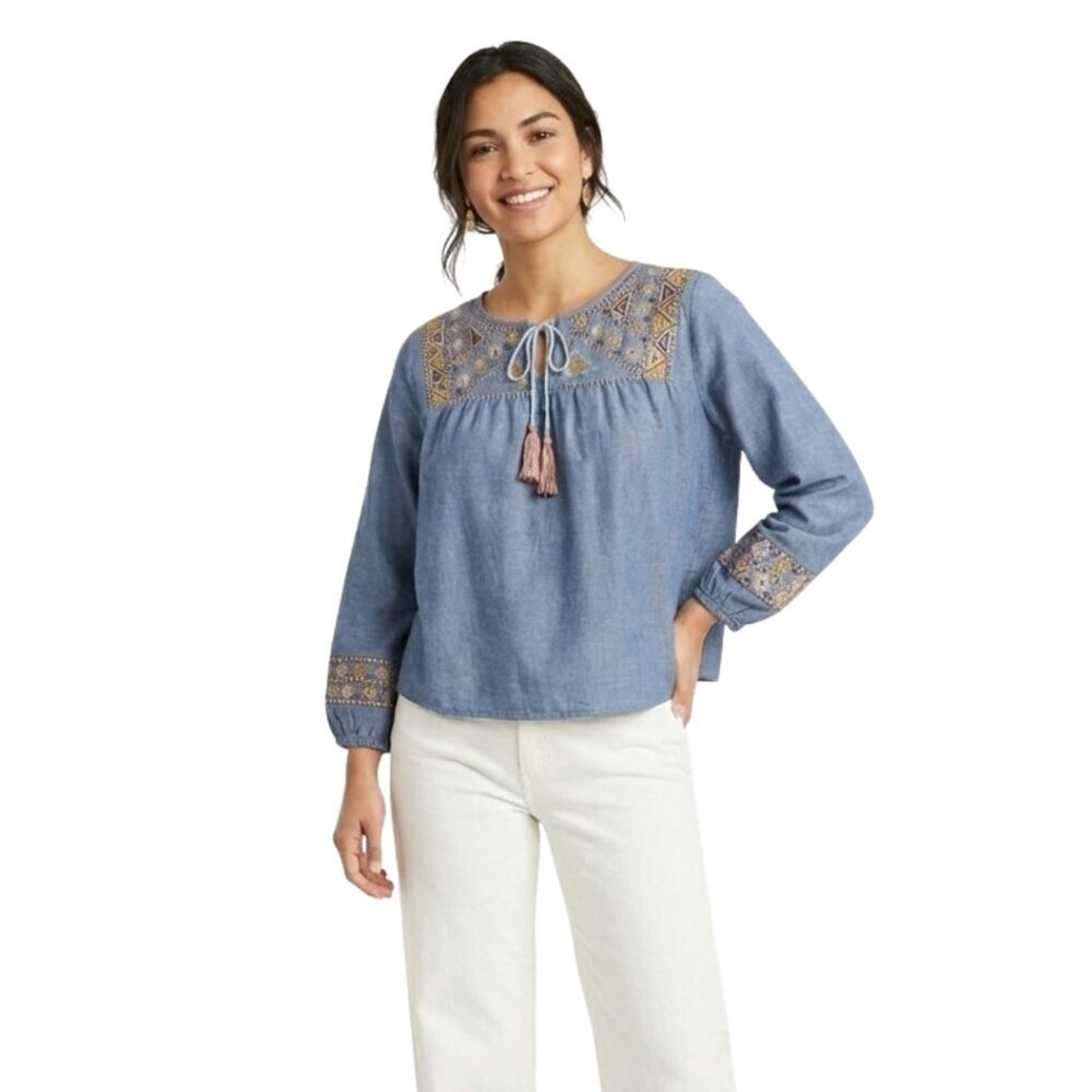 2 for $20 Rebellion Blue Chambray Boho Peasant Embroidered Detail Top Small